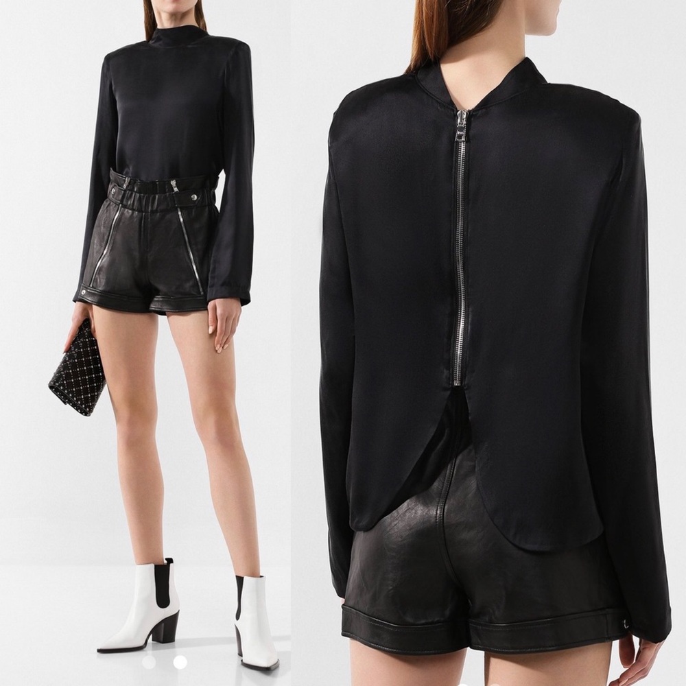 NEW NWT RtA Freddie 100% Silk Mock Neck Zip Back Blouse In Black